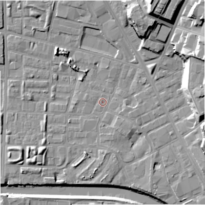 Shaded relief map of the ground around M71SW, computed from Environment Agency LiDAR. The ground here sits at about 27 m above sea level and falls 26 m across the surrounding 800 m. Surface water reaching this point runs off ground lying to the south-south-east, 1.8 m higher.