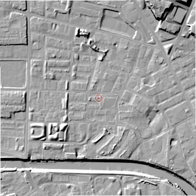 Shaded relief map of the ground around M71TA, computed from Environment Agency LiDAR. The ground here sits at about 27 m above sea level and falls 21 m across the surrounding 800 m. Surface water reaching this point runs off ground lying to the south-west, 5.3 m higher.