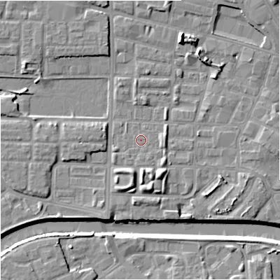 Shaded relief map of the ground around M71TB, computed from Environment Agency LiDAR. The ground here sits at about 27 m above sea level and falls 9 m across the surrounding 800 m. Surface water reaching this point runs off ground lying to the south-south-east, 0.9 m higher.