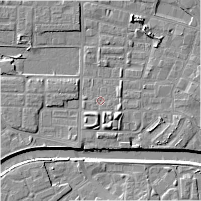 Shaded relief map of the ground around M71TD, computed from Environment Agency LiDAR. The ground here sits at about 27 m above sea level and falls 9 m across the surrounding 800 m. Surface water reaching this point runs off ground lying to the east-south-east, 0.8 m higher.