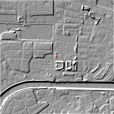 Shaded relief map of the ground around M71TE, computed from Environment Agency LiDAR. The ground here sits at about 27 m above sea level and falls 9 m across the surrounding 800 m. Surface water reaching this point runs off ground lying to the east-south-east, 3.5 m higher.