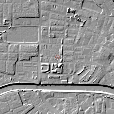 Shaded relief map of the ground around M71TG, computed from Environment Agency LiDAR. The ground here sits at about 27 m above sea level and falls 13 m across the surrounding 800 m. Surface water reaching this point runs off ground lying to the south-south-east, 3.8 m higher.