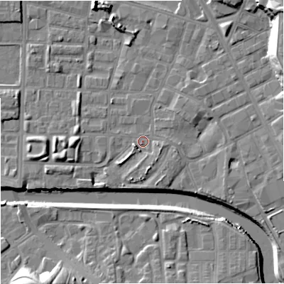 Shaded relief map of the ground around M71TH, computed from Environment Agency LiDAR. The ground here sits at about 27 m above sea level and falls 19 m across the surrounding 800 m. Surface water reaching this point runs off ground lying to the west, 5.3 m higher.