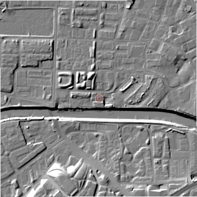 Shaded relief map of the ground around M71TJ, computed from Environment Agency LiDAR. The ground here sits at about 27 m above sea level and falls 16 m across the surrounding 800 m. Surface water reaching this point runs off ground lying to the east-south-east, 3.6 m higher.