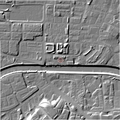 Shaded relief map of the ground around M71TQ, computed from Environment Agency LiDAR. The ground here sits at about 27 m above sea level and falls 16 m across the surrounding 800 m. Surface water reaching this point runs off ground lying to the west-north-west, 2.1 m higher.