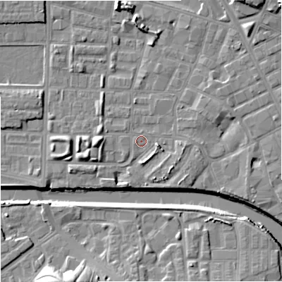 Shaded relief map of the ground around M71TW, computed from Environment Agency LiDAR. The ground here sits at about 27 m above sea level and falls 15 m across the surrounding 800 m. Surface water reaching this point runs off ground lying to the west, 5.3 m higher.
