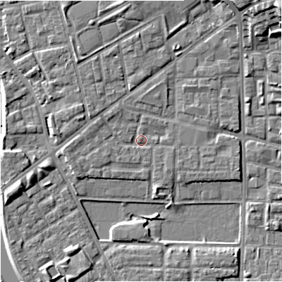 Shaded relief map of the ground around M71UA, computed from Environment Agency LiDAR. The ground here sits at about 28 m above sea level and falls 14 m across the surrounding 800 m. Surface water reaching this point runs off ground lying to the west-north-west, 1.9 m higher.