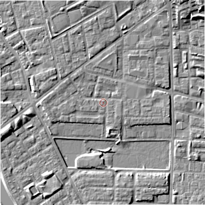 Shaded relief map of the ground around M71UB, computed from Environment Agency LiDAR. The ground here sits at about 28 m above sea level and falls 14 m across the surrounding 800 m. Surface water reaching this point runs off ground lying to the west-north-west, 2.0 m higher.