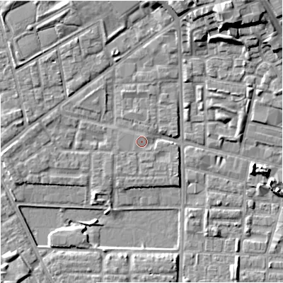 Shaded relief map of the ground around M71UD, computed from Environment Agency LiDAR. The ground here sits at about 28 m above sea level and falls 15 m across the surrounding 800 m. Surface water reaching this point runs off ground lying to the north-north-east, 11.9 m higher.