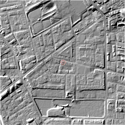 Shaded relief map of the ground around M71UE, computed from Environment Agency LiDAR. The ground here sits at about 28 m above sea level and falls 15 m across the surrounding 800 m. Surface water reaching this point runs off ground lying to the west-north-west, 1.1 m higher.