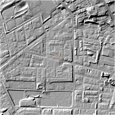 Shaded relief map of the ground around M71UF, computed from Environment Agency LiDAR. The ground here sits at about 28 m above sea level and falls 18 m across the surrounding 800 m. Surface water reaching this point runs off ground lying to the north-east, 13.1 m higher.
