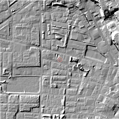 Shaded relief map of the ground around M71UH, computed from Environment Agency LiDAR. The ground here sits at about 27 m above sea level and falls 22 m across the surrounding 800 m. Surface water reaching this point runs off ground lying to the west-north-west, 1.6 m higher.