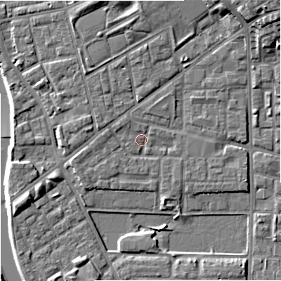 Shaded relief map of the ground around M71UJ, computed from Environment Agency LiDAR. The ground here sits at about 28 m above sea level and falls 13 m across the surrounding 800 m. Surface water reaching this point runs off ground lying to the west, 1.9 m higher.