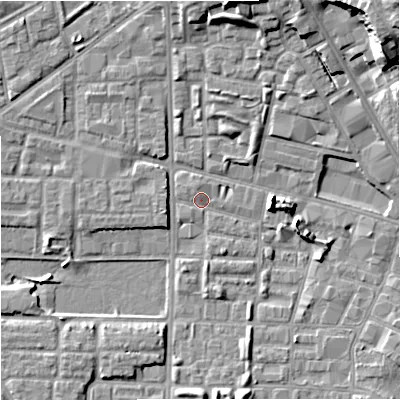 Shaded relief map of the ground around M71UL, computed from Environment Agency LiDAR. The ground here sits at about 27 m above sea level and falls 21 m across the surrounding 800 m. Surface water reaching this point runs off ground lying to the north-north-west, 1.6 m higher.