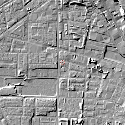 Shaded relief map of the ground around M71UN, computed from Environment Agency LiDAR. The ground here sits at about 27 m above sea level and falls 18 m across the surrounding 800 m. Surface water reaching this point runs off ground lying to the north-north-east, 1.1 m higher.