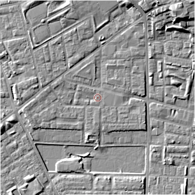 Shaded relief map of the ground around M71UP, computed from Environment Agency LiDAR. The ground here sits at about 28 m above sea level and falls 15 m across the surrounding 800 m. Surface water reaching this point runs off ground lying to the west-north-west, 1.1 m higher.