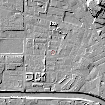 Shaded relief map of the ground around M71UQ, computed from Environment Agency LiDAR. The ground here sits at about 27 m above sea level and falls 24 m across the surrounding 800 m. Surface water reaching this point runs off ground lying to the north-east, 16.1 m higher.