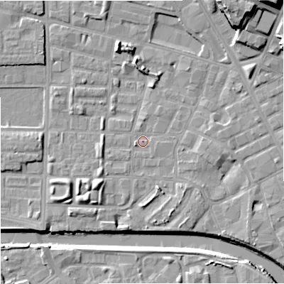 Shaded relief map of the ground around M71UR, computed from Environment Agency LiDAR. The ground here sits at about 27 m above sea level and falls 21 m across the surrounding 800 m. Surface water reaching this point runs off ground lying to the south-west, 5.3 m higher.