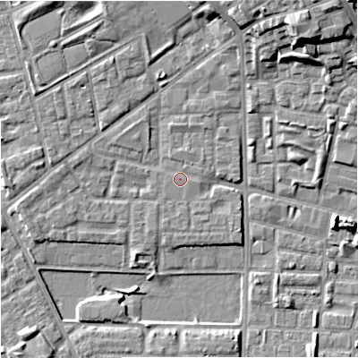 Shaded relief map of the ground around M71US, computed from Environment Agency LiDAR. The ground here sits at about 28 m above sea level and falls 17 m across the surrounding 800 m. Surface water reaching this point runs off ground lying to the north-east, 12.1 m higher.