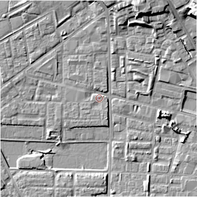 Shaded relief map of the ground around M71UW, computed from Environment Agency LiDAR. The ground here sits at about 28 m above sea level and falls 16 m across the surrounding 800 m. Surface water reaching this point runs off ground lying to the north-north-east, 10.6 m higher.