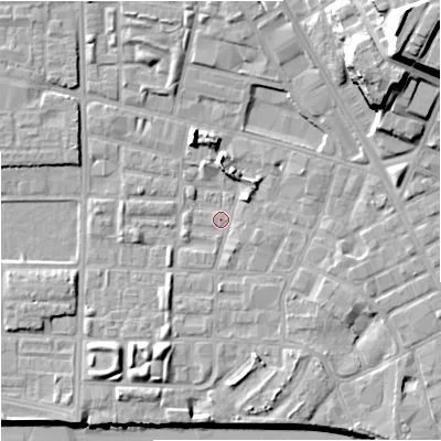 Shaded relief map of the ground around M71UY, computed from Environment Agency LiDAR. The ground here sits at about 26 m above sea level and falls 26 m across the surrounding 800 m. Surface water reaching this point runs off ground lying to the north-east, 21.7 m higher.