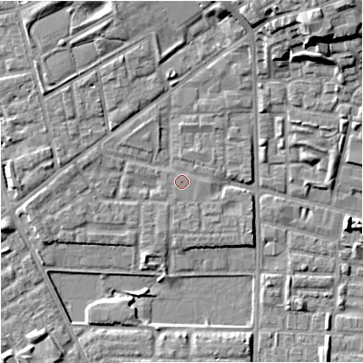 Shaded relief map of the ground around M71UZ, computed from Environment Agency LiDAR. The ground here sits at about 28 m above sea level and falls 15 m across the surrounding 800 m. Surface water reaching this point runs off ground lying to the north-east, 11.9 m higher.