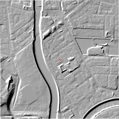 Shaded relief map of the ground around M71WD, computed from Environment Agency LiDAR. The ground here sits at about 28 m above sea level and falls 14 m across the surrounding 800 m. Surface water reaching this point runs off ground lying to the south, 2.9 m higher.