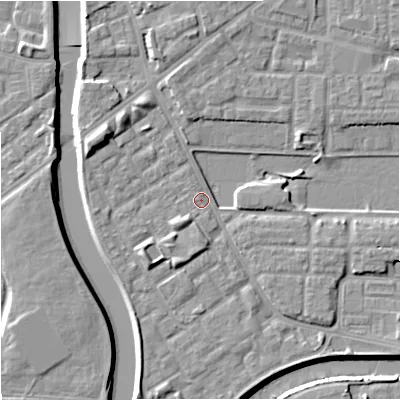 Shaded relief map of the ground around M71WE, computed from Environment Agency LiDAR. The ground here sits at about 28 m above sea level and falls 9 m across the surrounding 800 m. Surface water reaching this point runs off ground lying to the south-west, 2.2 m higher.