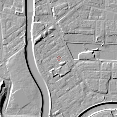 Shaded relief map of the ground around M71WG, computed from Environment Agency LiDAR. The ground here sits at about 28 m above sea level and falls 12 m across the surrounding 800 m. The ground contributing surface water to this point lies to the east-south-east.