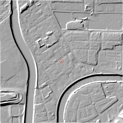 Shaded relief map of the ground around M71WH, computed from Environment Agency LiDAR. The ground here sits at about 28 m above sea level and falls 12 m across the surrounding 800 m. Surface water reaching this point runs off ground lying to the north-west, 3.1 m higher.