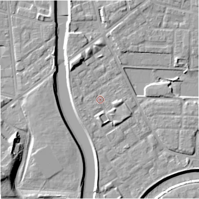 Shaded relief map of the ground around M71WJ, computed from Environment Agency LiDAR. The ground here sits at about 28 m above sea level and falls 14 m across the surrounding 800 m. Surface water reaching this point runs off ground lying to the south, 2.9 m higher.