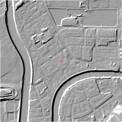 Shaded relief map of the ground around M71WN, computed from Environment Agency LiDAR. The ground here sits at about 28 m above sea level and falls 15 m across the surrounding 800 m. The ground contributing surface water to this point lies to the west-south-west.