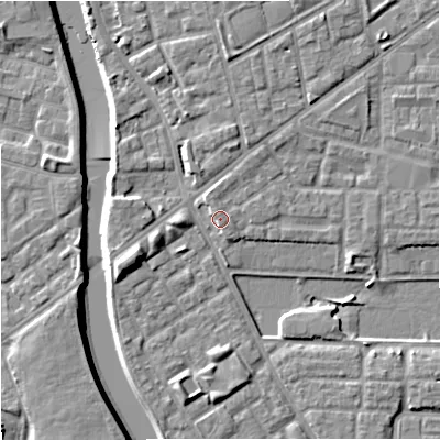 Shaded relief map of the ground around M71WP, computed from Environment Agency LiDAR. The ground here sits at about 29 m above sea level and falls 8 m across the surrounding 800 m. Surface water reaching this point runs off ground lying to the west-south-west, 5.7 m higher.