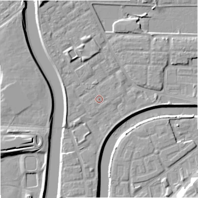 Shaded relief map of the ground around M71WY, computed from Environment Agency LiDAR. The ground here sits at about 28 m above sea level and falls 13 m across the surrounding 800 m. Surface water reaching this point runs off ground lying to the south-west, 0.5 m higher.