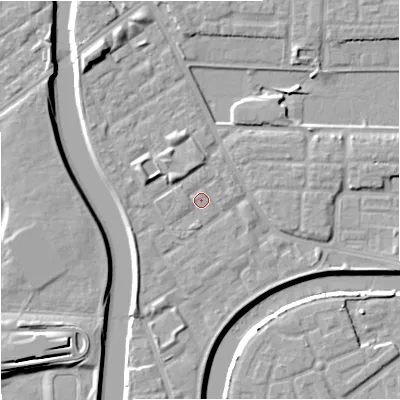 Shaded relief map of the ground around M71WZ, computed from Environment Agency LiDAR. The ground here sits at about 28 m above sea level and falls 9 m across the surrounding 800 m. Surface water reaching this point runs off ground lying to the west, 1.0 m higher.