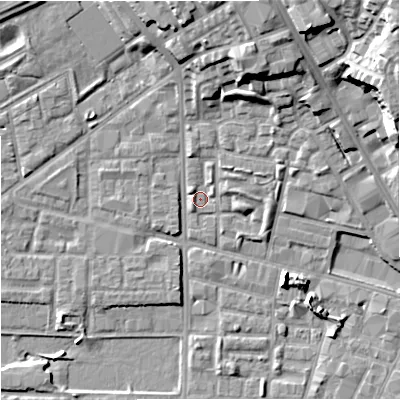 Shaded relief map of the ground around M71XA, computed from Environment Agency LiDAR. The ground here sits at about 27 m above sea level and falls 22 m across the surrounding 800 m. Surface water reaching this point runs off ground lying to the north-north-east, 12.8 m higher.