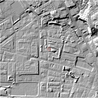 Shaded relief map of the ground around M71XB, computed from Environment Agency LiDAR. The ground here sits at about 28 m above sea level and falls 24 m across the surrounding 800 m. Surface water reaching this point runs off ground lying to the north-north-east, 12.8 m higher.