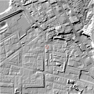 Shaded relief map of the ground around M71XU, computed from Environment Agency LiDAR. The ground here sits at about 29 m above sea level and falls 25 m across the surrounding 800 m. Surface water reaching this point runs off ground lying to the north-north-east, 8.1 m higher.