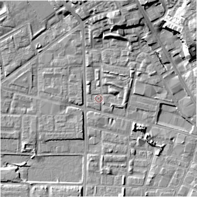 Shaded relief map of the ground around M71XY, computed from Environment Agency LiDAR. The ground here sits at about 27 m above sea level and falls 22 m across the surrounding 800 m. Surface water reaching this point runs off ground lying to the north-north-east, 13.0 m higher.
