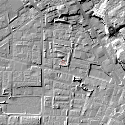Shaded relief map of the ground around M71YD, computed from Environment Agency LiDAR. The ground here sits at about 27 m above sea level and falls 23 m across the surrounding 800 m. Surface water reaching this point runs off ground lying to the north, 2.5 m higher.