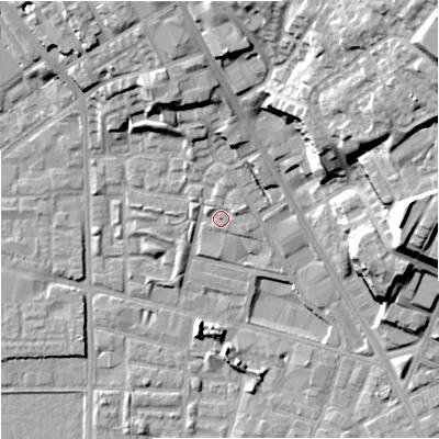 Shaded relief map of the ground around M71YE, computed from Environment Agency LiDAR. The ground here sits at about 29 m above sea level and falls 30 m across the surrounding 800 m. Surface water reaching this point runs off ground lying to the north, 13.5 m higher.