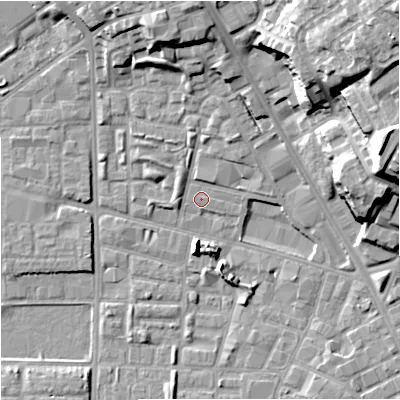 Shaded relief map of the ground around M71ZD, computed from Environment Agency LiDAR. The ground here sits at about 27 m above sea level and falls 26 m across the surrounding 800 m. Surface water reaching this point runs off ground lying to the north-north-east, 3.3 m higher.