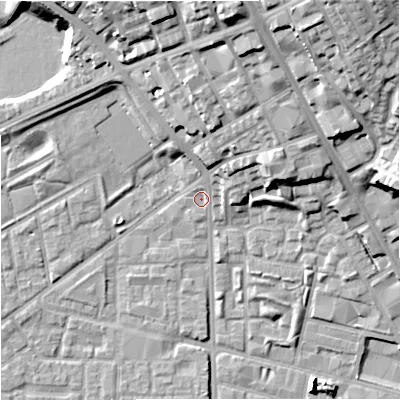 Shaded relief map of the ground around M71ZN, computed from Environment Agency LiDAR. The ground here sits at about 30 m above sea level and falls 27 m across the surrounding 800 m. Surface water reaching this point runs off ground lying to the north-east, 13.3 m higher.