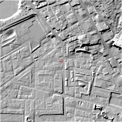 Shaded relief map of the ground around M71ZQ, computed from Environment Agency LiDAR. The ground here sits at about 29 m above sea level and falls 25 m across the surrounding 800 m. Surface water reaching this point runs off ground lying to the north-north-east, 8.0 m higher.