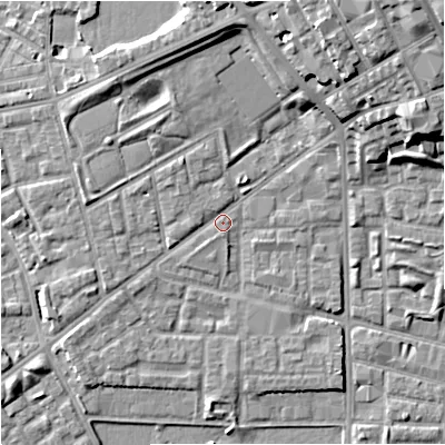 Shaded relief map of the ground around M71ZT, computed from Environment Agency LiDAR. The ground here sits at about 29 m above sea level and falls 19 m across the surrounding 800 m. Surface water reaching this point runs off ground lying to the north, 7.1 m higher.