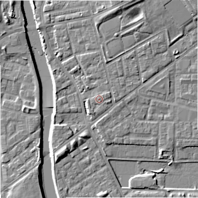 Shaded relief map of the ground around M72BA, computed from Environment Agency LiDAR. The ground here sits at about 30 m above sea level and falls 10 m across the surrounding 800 m. Surface water reaching this point runs off ground lying to the east-north-east, 0.9 m higher.