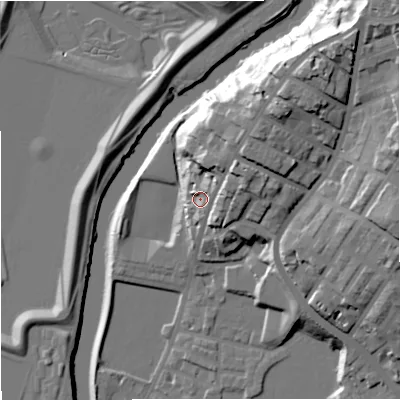 Shaded relief map of the ground around M72EZ, computed from Environment Agency LiDAR. The ground here sits at about 37 m above sea level and falls 33 m across the surrounding 800 m. Surface water reaching this point runs off ground lying to the north-east, 18.6 m higher.