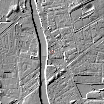 Shaded relief map of the ground around M72FY, computed from Environment Agency LiDAR. The ground here sits at about 28 m above sea level and falls 9 m across the surrounding 800 m. Surface water reaching this point runs off ground lying to the south-west, 2.1 m higher.