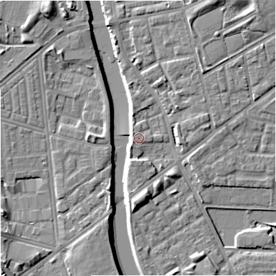 Shaded relief map of the ground around M72GB, computed from Environment Agency LiDAR. The ground here sits at about 29 m above sea level and falls 10 m across the surrounding 800 m. Surface water reaching this point runs off ground lying to the south-west, 1.1 m higher.