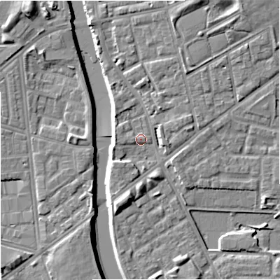 Shaded relief map of the ground around M72GE, computed from Environment Agency LiDAR. The ground here sits at about 29 m above sea level and falls 9 m across the surrounding 800 m. Surface water reaching this point runs off ground lying to the south-west, 3.5 m higher.